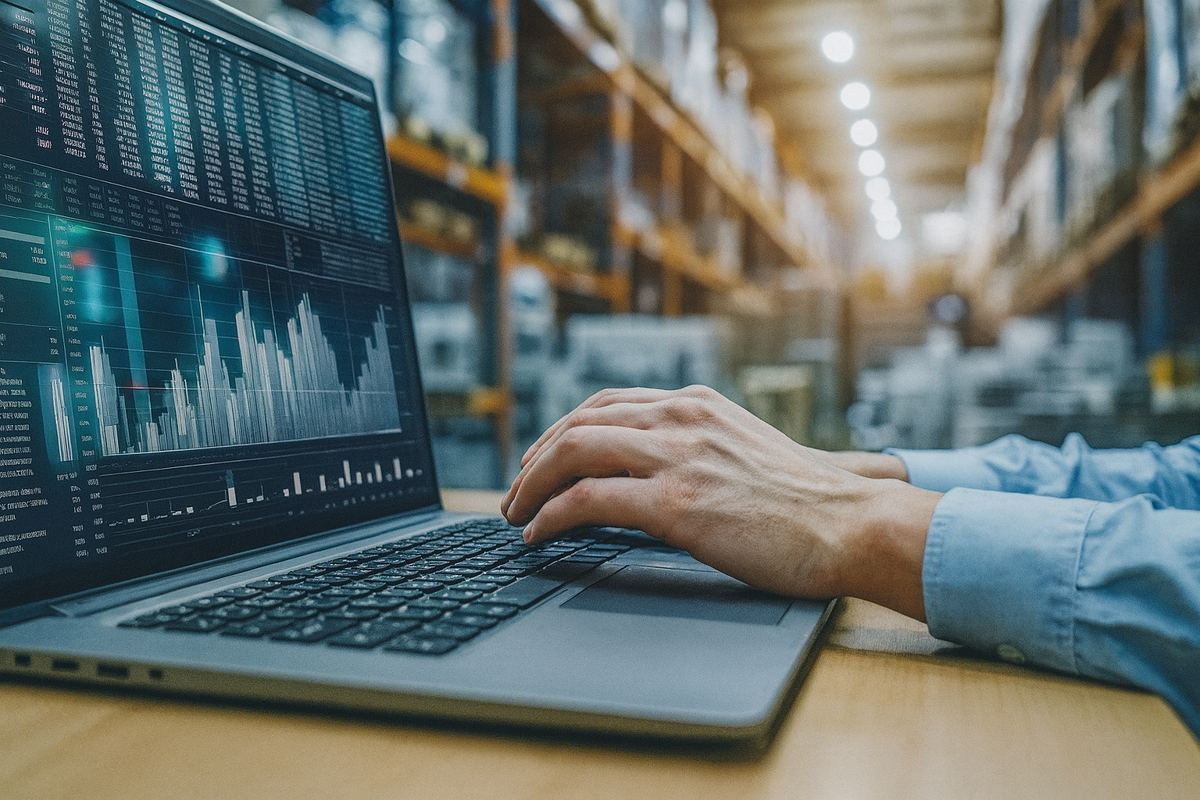 Analyse de données sur ordinateur portable dans un entrepôt logistique